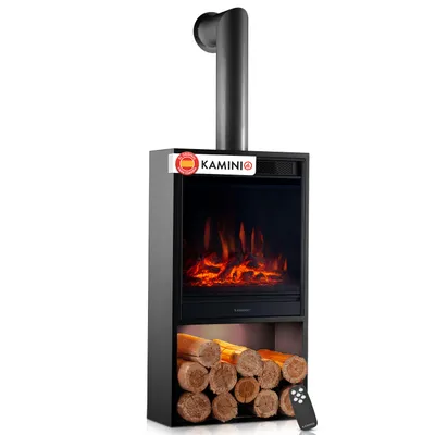 Imagen del producto de KAMINIO Chimenea eléctrica HUGO con conducto de chimenea: Chimenea eléctrica con calefacción, efecto de llama 3D, luz ambiental LED, compartimento para leña, control remoto - Color, Imagen generada por IA