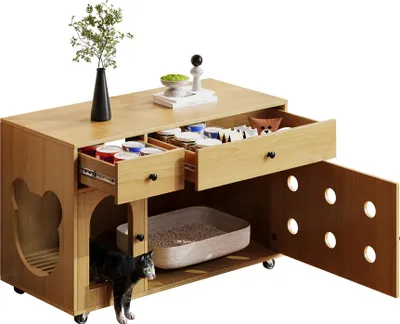 Image de Zimilo Armoire à litière avec plateau de récupération du sable, 100×45×66 cm, armoire pour chats, isolée contre les odeurs, avec tiroirs, maison pour chats, sur roulettes, bois naturel