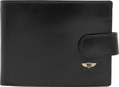 A black leather wallet is shown against a white background.
