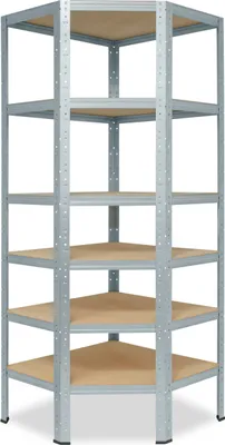 A corner shelving unit with six shelves.