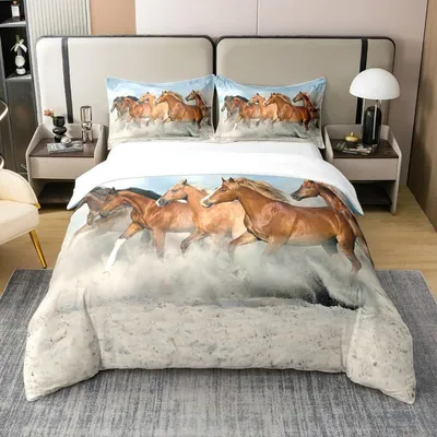 Zdjęcie produktu dla Komplet pościeli 220x240 cm, 100% bawełna, z motywem koni, dla chłopców. Zawiera 2 poszewki na poduszki 80x80 cm. Zapięcie na zamek błyskawiczny. Wielokolorowy