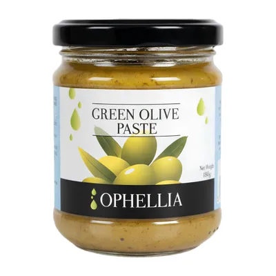 Ophellia Grüne Olivenpaste 180 g Glas auf weißem Grund