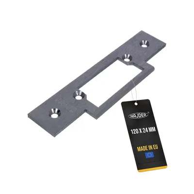 Produktbild von NAJDER Schließblech einfach universal mit Schieber, kurz, Edelstahl, für BRIMA-Türöffner, 120x24mm, für symmetrische Türöffner, Perfekt für den Einsatz mit Aluminium-, Stahl- oder PVC-Profilen