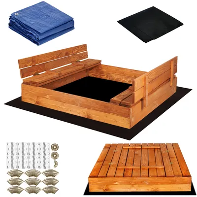 Produktbild von Springos® Sandkasten mit Sitzbänken Massivholz 120 x 120 cm inkl. Bodenvlies Abdeckplane