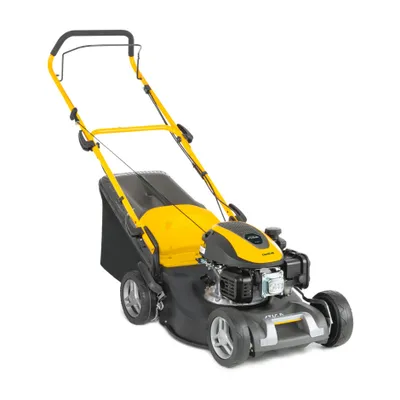 A yellow and black lawnmower on a white background.