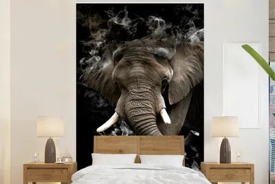 Produktbild von MuchoWow® Fototapete für Wohnzimmer oder Schlafzimmer Wandtapete Vinyl Motivtapete Elefant - Rauchen - Schwarz - 225x350 cm - Schlafzimmer tapete