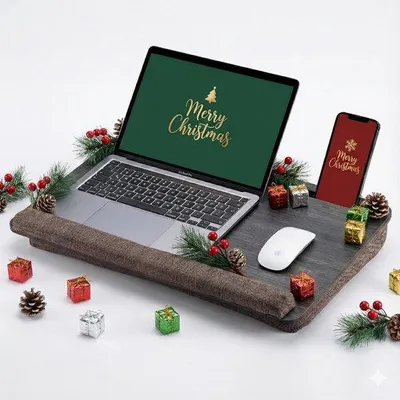 Produktbild von Famanu Laptop-Schreibtisch für das Bett – mit Telefonhalter und Handballenauflage – bis 17,3 Zoll – Walnussfarbe