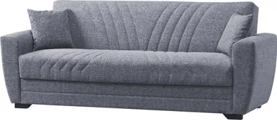 A gray sofa with two pillows against a white background.