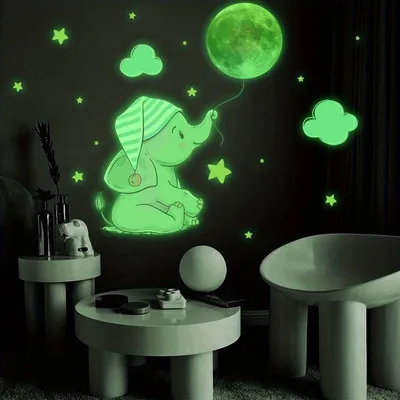 Produktbild von GKA Nachtleuchtend Baby Kinder GK29 Wandtattoo Elefant Mond Sterne Wolken Wandsticker Kinderzimmer, Wandaufkleber Aufkleber leuchtet im Dunkeln