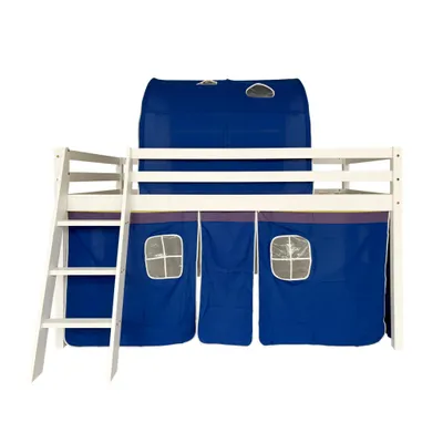 Produktbild von Kinder Hochbett mit Zelt 90x190 cm (ohne Matratze), Raumfahrt-Design aus weissem Kiefernholz, Spielbett mit Baumwollzelt, Schutzgelaender und Leiter