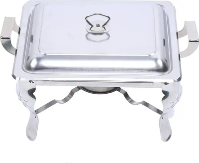 A stainless steel chafing dish on a stand