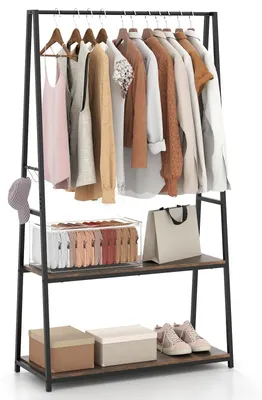 Freistehende Garderobe mit 2 Ablagen, Kleiderstange, schwarz