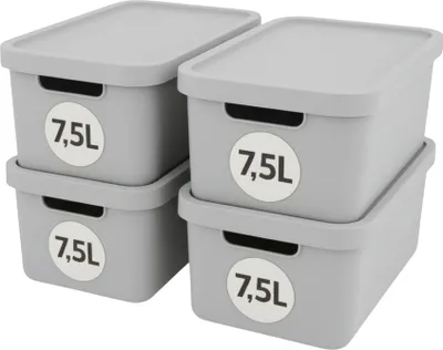 Produktbild von Plastard Aufbewahrungsbox 4er-Set, 7,5L, Lagerbox, Regalbox, stapelbar, Grau