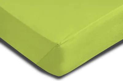 A close-up, angled view of a green fitted sheet.