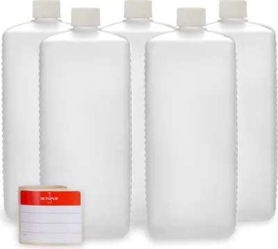 Immagine prodotto di 5 bottiglie di plastica quadrate da 1.000 ml in HDPE con tappo a vite bianco