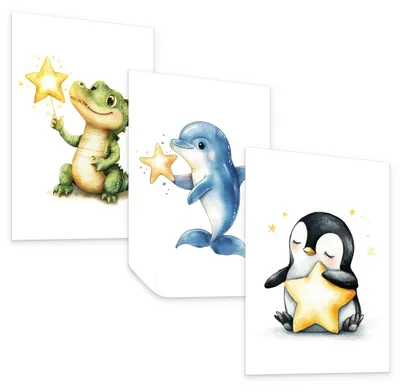 Produktbild von Muralo Poster Set für Kinderzimmer TIERE Sterne Krokodil Delfin Pinguin 21x30cm