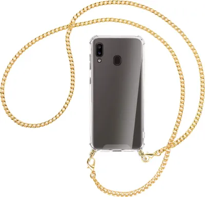Zdjęcie produktu dla Etui ochronne z paskiem na telefon komórkowy (metalowe, w kolorze złotym) do Samsunga Galaxy A20e – łańcuszek w kolorze złotym