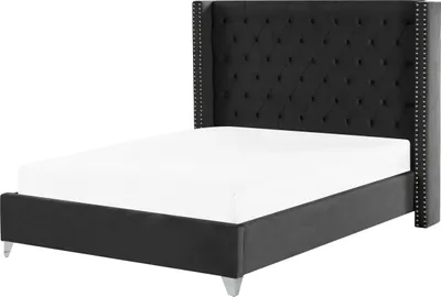 Produktbild von BELIANI Bett Schwarz Samt mit Lattenrost 160 x 200 cm Hohes Gestepptes Kopfteil Knopfheftung Nieten Chesterfield Stil Retro Doppelbett Schlafzimmer