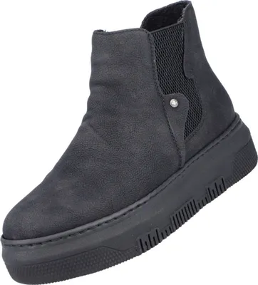 A black Rieker plateau bootie is shown against a white background.