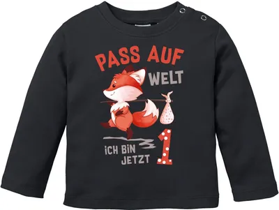 Produktbild von Baby Langarm-Shirt 1. Geburtstag Pass auf Welt ich bin jetzt 1 2 Fuchs Geburtstagsshirt Baumwolle MoonWorks® 1 schwarz 68/74 (4-9 Monate)