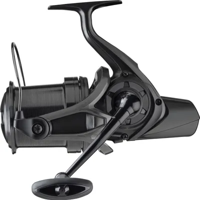 A black fishing reel is shown against a white background.
