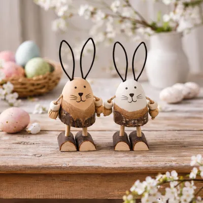 Produktbild von Holzhasen 2er Set Osterdeko natur weiß 13cm Hasen Figuren Tischdeko Ostern
