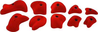 Set von 10 roten L-Klettergriffen aus Kunststoff von Ocun für Kletterwände.