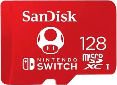 A red SanDisk MicroSDXC 128 GB memory card for Nintendo Switch, featuring a Super Mario mushroom icon.