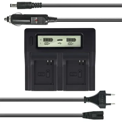 Produktbild von Dual Akku-Ladegerät kompatibel mit Panasonic DMW-BCM13, DMW-BCM13E, DMW-BCM13PP - mit USB-Anschluss, LCD-Display und Kfz-Ladekabel - Schnellladegerät