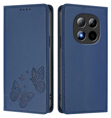 Produktbild von Lederhülle für Xiaomi Redmi Note 15 Pro 5G, Schmetterling Prägung Leder Brieftasche Schutzhülle mit Ständer Dunkelblau