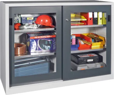 Produktbild von Schiebetürenschrank - Sichtfenstertüren - 1.200x1.500x400 mm (HxBxT) - 4 Böden, gepulvert - Zylinderschloss - lichtblau/resedagrün