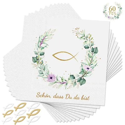 60 Servietten + 90 Holzfische, Taufe, Kommunion, Tischdeko