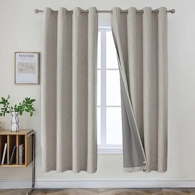 Produktbild von PolkaHome® Vorhänge, 2er-Set, 100% verdunkelnd, wärmeisolierend, Leinenoptik, mit Schlaufenringen, 140x245 cm, Weiß