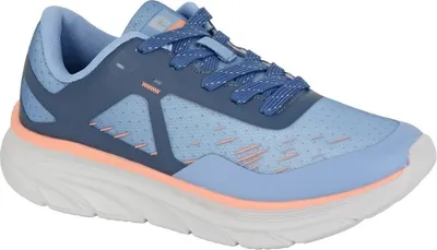 A side view of a single blue sneaker.