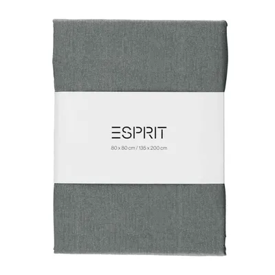 A folded grey fabric product with a white band in the middle displaying text.