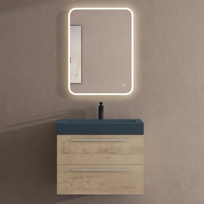 Produktbild von doporro Badmöbel-Set Waschbeckenunterschrank mit Soft-Close in Eiche Greige 73x48x60cm Waschplatz komplett Set inkl. Mineralguss-Waschbecken in matt Anthrazit und Led-spiegel Quadratto