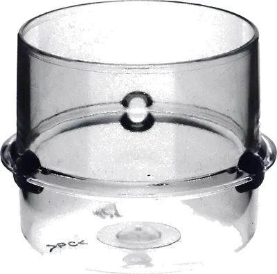 A clear, studio shot of a transparent plastic lid with black clips.