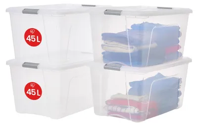 Image de Boîtes de rangement Iris Ohyama avec couvercle, 45 litres, lot de 4, couleur argent, fermeture sécurisée