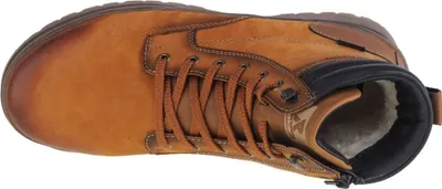 A top-down view of a brown leather boot.