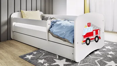 Produktbild von Kinderbett 160x80 mit Matratze, Rausfallschutz, Lattenrost & Schublade in weiß 80 x 160 Jungen Bett Feuerwehr