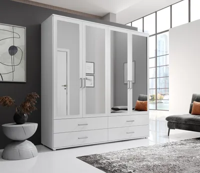 Produktbild von Kleiderschrank "Ivar" in Weiß mit 4 Schubladen und 4 Türen. Abmessungen (BxHxT) 180x190x51 cm