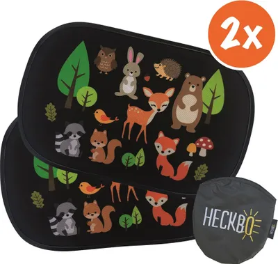 Produktbild von 2X HECKBO Auto Sonnenblende mit 8 Saugnäpfen - Waldtiere Motiv - 48cm x 31cm - Auto Sonnenschutz Autosonnenblende - mit Tasche - für Baby Kinder Mädchen Jungen