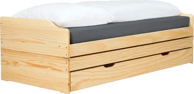 A wooden single bed with a mattress and pillow, featuring two drawers underneath.