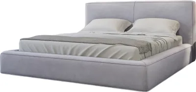 A light gray upholstered bed with a headboard and bedding, presented on a white background.