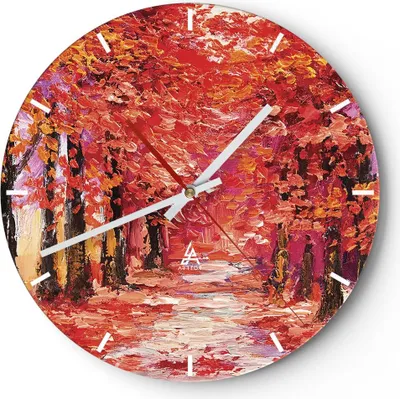 Produktbild von Wanduhr - Rund - Glasuhr - Herbst Park Allee - 40x40cm - Schleichendes Uhrwerk - Lautlos - zum Aufhängen bereit - Dekoration Modern - Wanddekoration aus Glas - C3AR40x40-4292