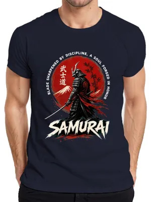 Productafbeelding van Samurai, Bushido, Japan, Katana, Krieger, Fuji, Zon, Retro, Y2K, Ronin, Heren T-shirt, Marineblauw, Maat S