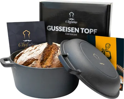 Produktbild von Chefarone® Gusseisen Topf Brot Backen - Brotbackform Mit Deckel 4.6L - Brottopf zum backen 26CM - Robuster Brotbacktopf - Brotbackform Rund - Topf Gusseisen Brotbacken