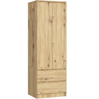 A tall, narrow wooden wardrobe with two doors and two drawers at the bottom, presented against a white background.