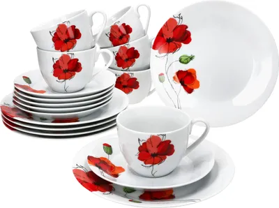 Zdjęcie produktu dla Mona 18-częściowy zestaw do kawy porcelanowy z motywem maków Filiżanka Spodek Talerz