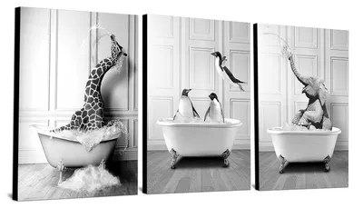 3er-Set Leinwandbilder lustiges Tier in Badewanne, 60x90 cm, rahmenlos